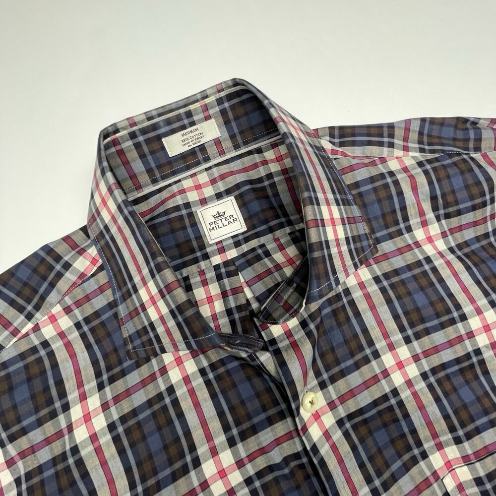 Peter Millar Button Up Plaid Shirt  100% Cotton Blue Brown White Pink Men's Sz M